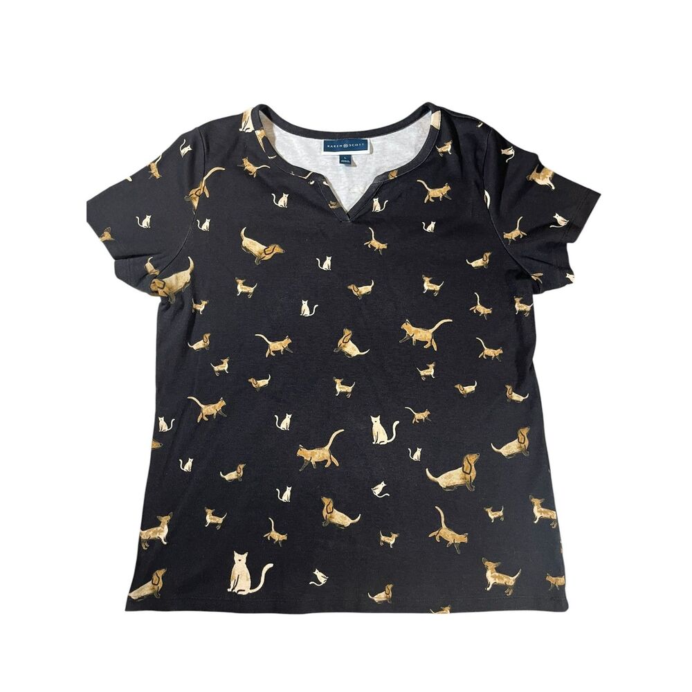Karen Scott Cat & Dog Print V-Neck Tee Black Short Sleeve Women’s Large